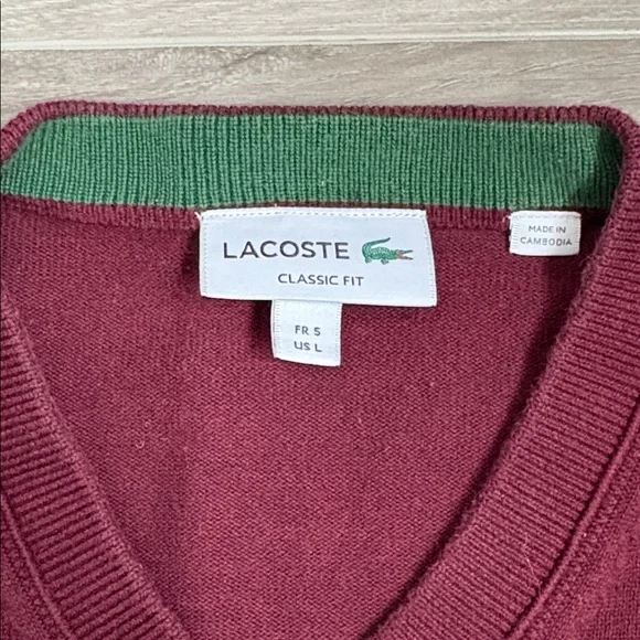 Lacoste Men's Burgundy V-Neck Sweater - Picture 5 of 5